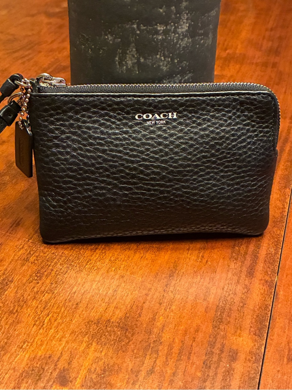 Coach Black Pebbled Leather Zip Card Case Wallet